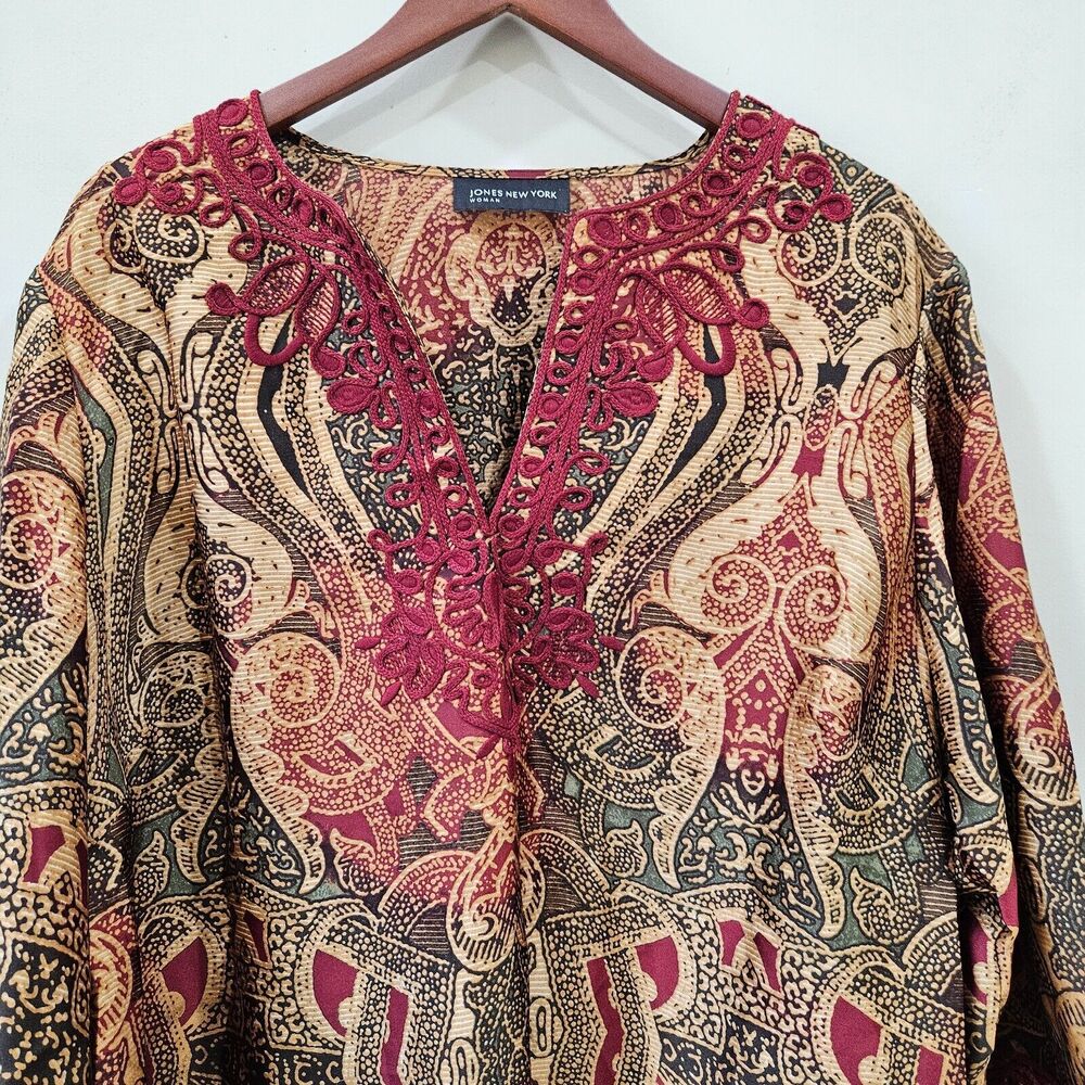 Jones New York Womens Silky Popover Top Multicolor Embroidered Artsy Bohemian - Picture 2 of 10
